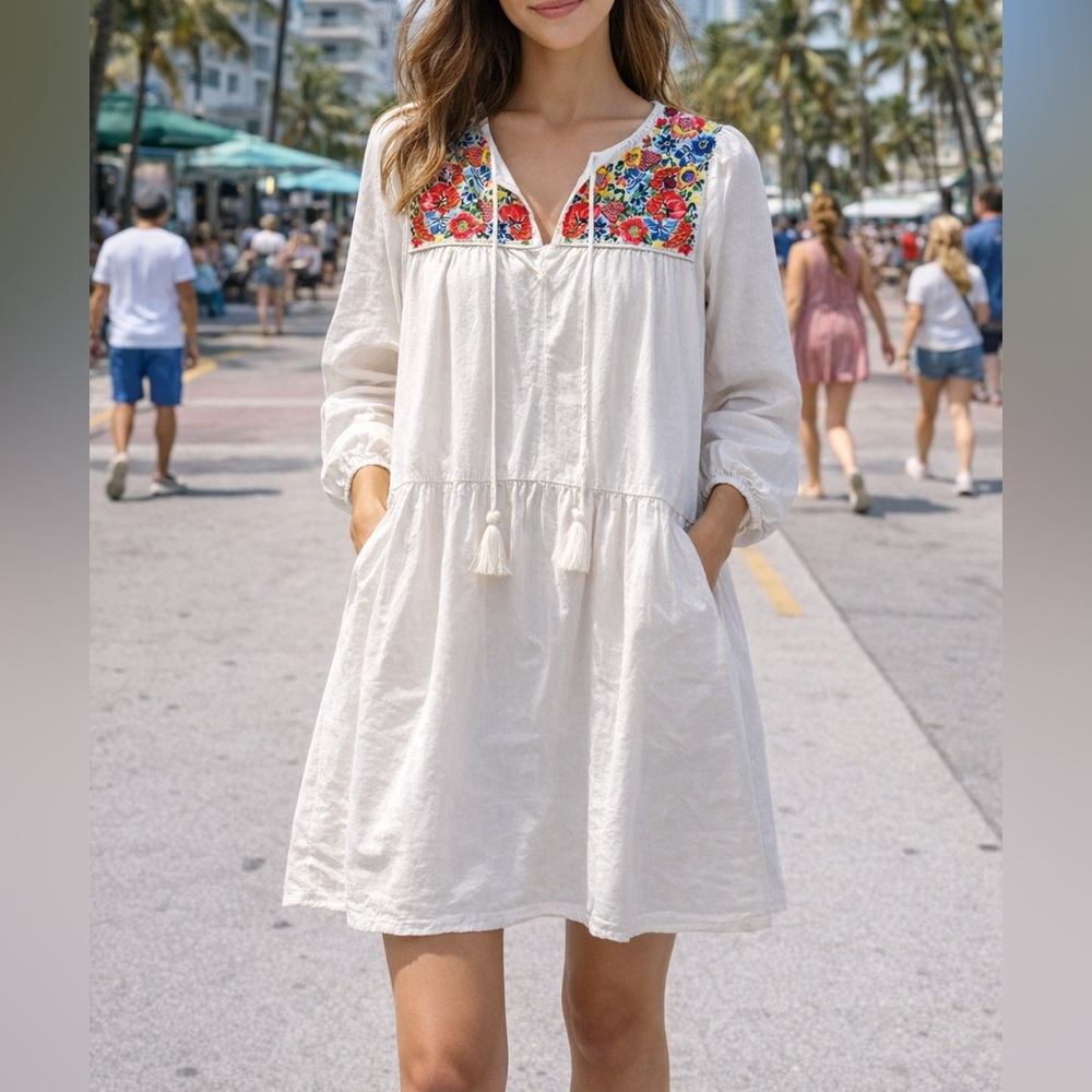 J. Crew White Dress with Colorful Floral Embroidery